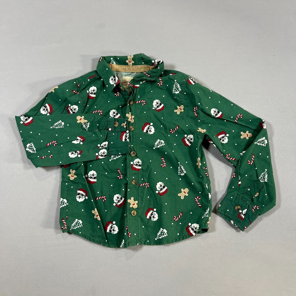 Stitch & Stone Christmas Shirt Kids 6 Green Festive Holiday Print Button Up